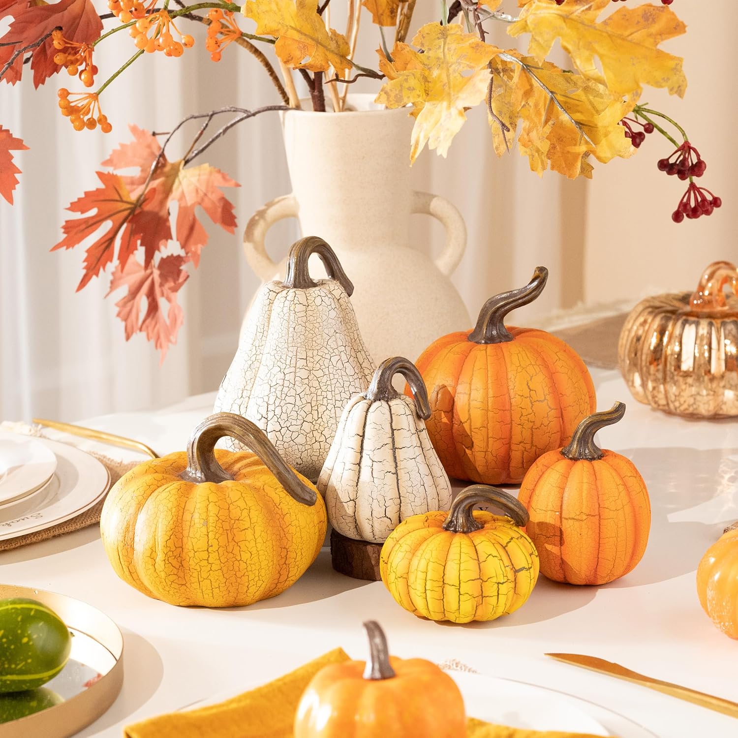 Valery Madelyn Fall Pumpkin Table Decor Cracked Pumpkin Figurine Fall Decoration for Home, 2pcs Resin Autumn Harvest Thanksgiving Halloween Party Tabletop Centerpieces, 6.7 inch