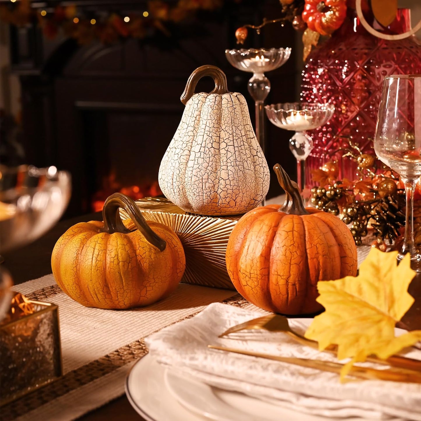 Valery Madelyn Fall Pumpkin Table Decor Cracked Pumpkin Figurine Fall Decoration for Home, 2pcs Resin Autumn Harvest Thanksgiving Halloween Party Tabletop Centerpieces, 6.7 inch