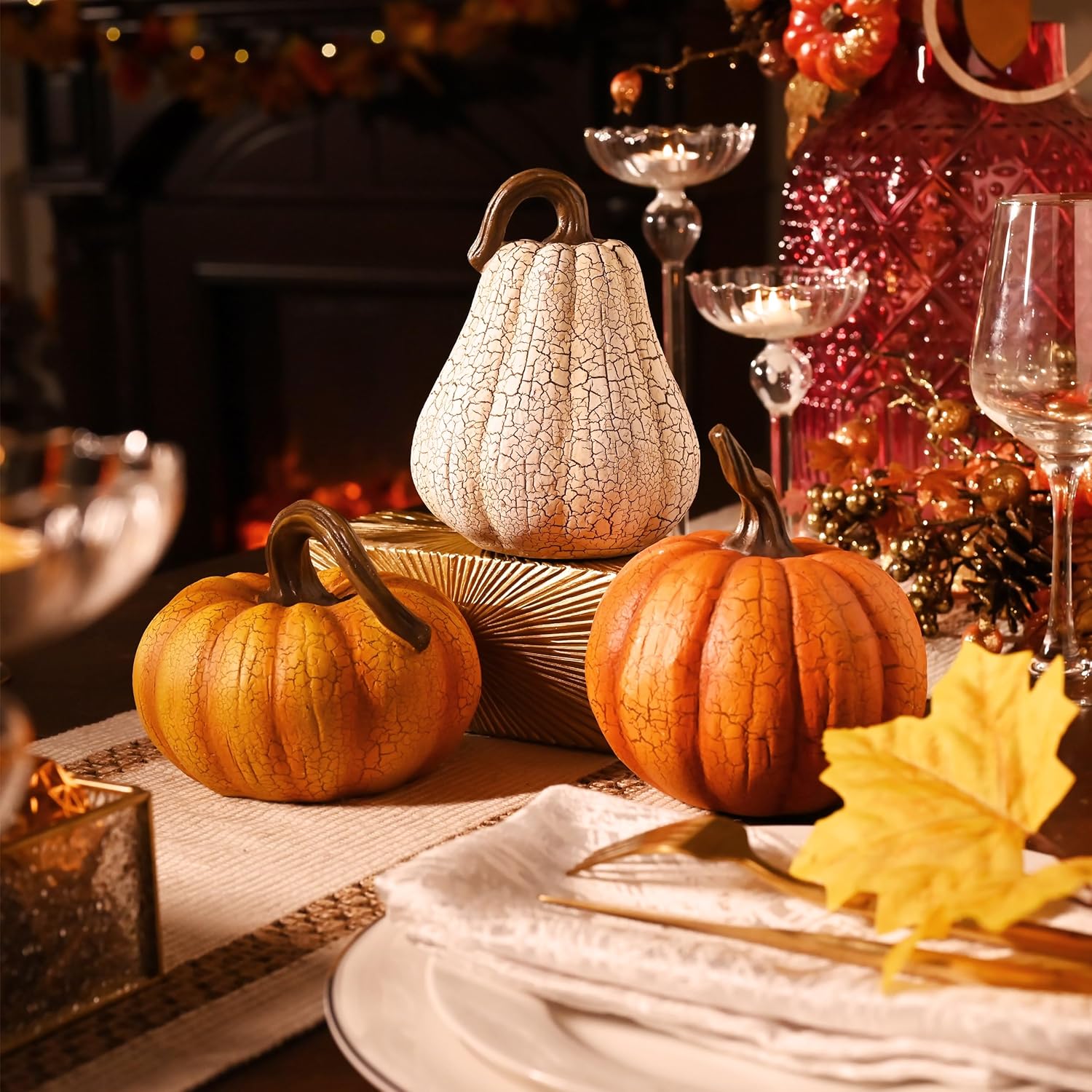 Valery Madelyn Fall Pumpkin Table Decor Cracked Pumpkin Figurine Fall Decoration for Home, 2pcs Resin Autumn Harvest Thanksgiving Halloween Party Tabletop Centerpieces, 6.7 inch