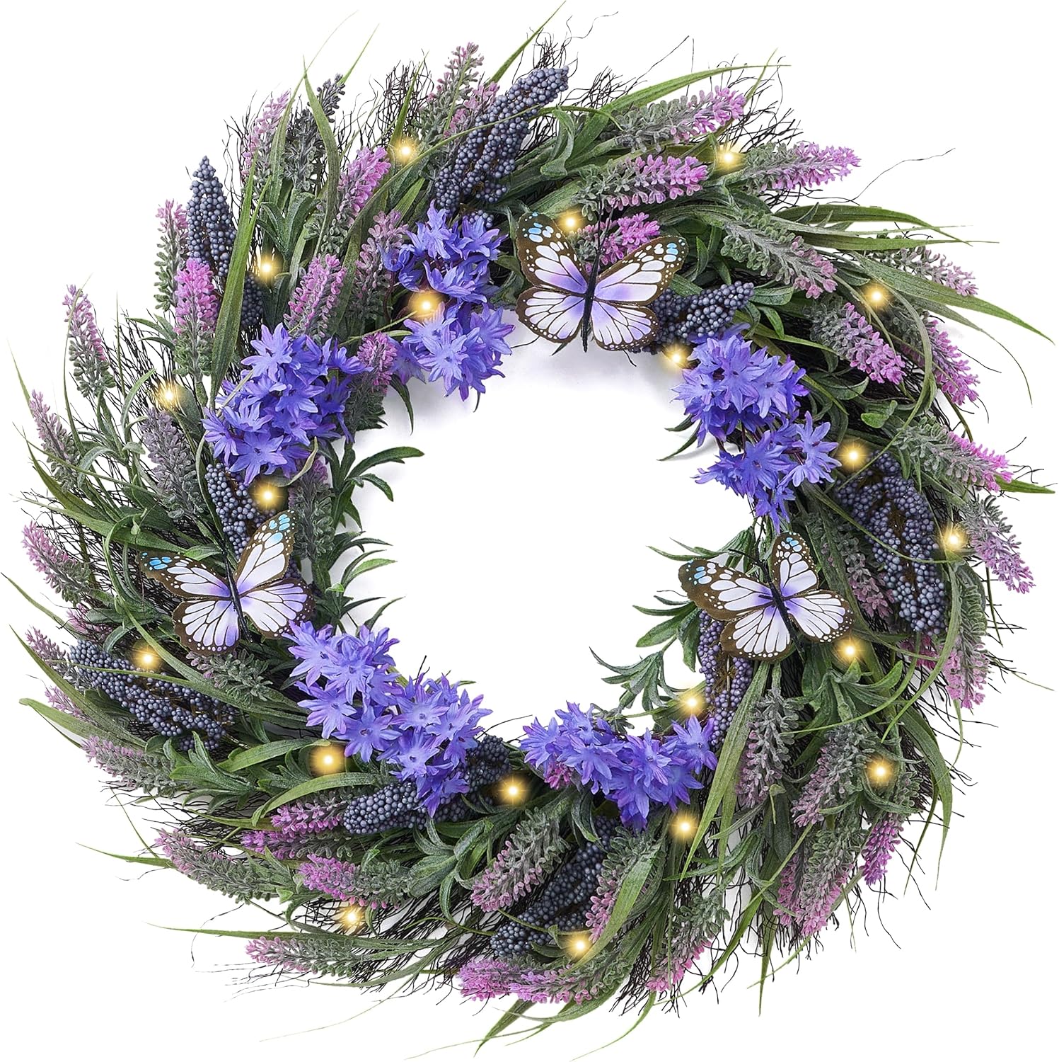 Valery Madelyn 24" round summer lavender wreath with LED lights, purple silk flowers, berries, butterfly accents, perfect for door or wall decor.