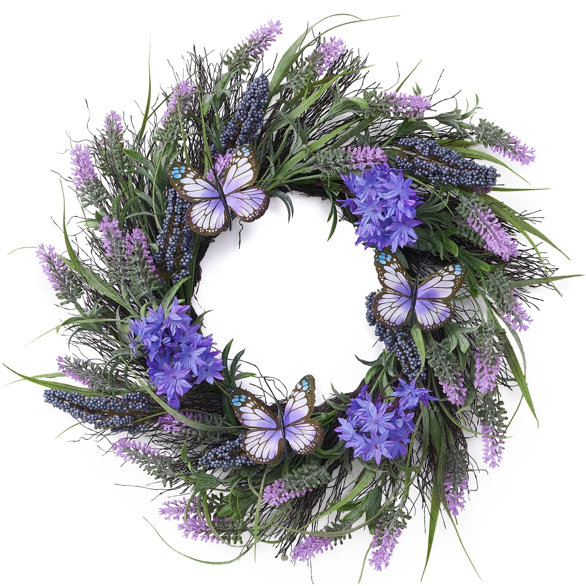 Valery Madelyn 24" round summer lavender wreath with LED lights, purple silk flowers, berries, butterfly accents, perfect for door or wall decor.