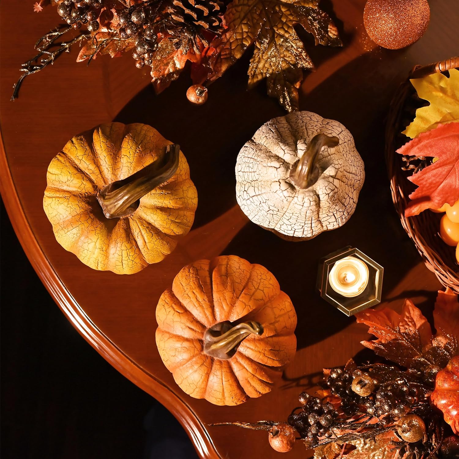 Valery Madelyn Fall Pumpkin Table Decor Cracked Pumpkin Figurine Fall Decoration for Home, 2pcs Resin Autumn Harvest Thanksgiving Halloween Party Tabletop Centerpieces, 6.7 inch