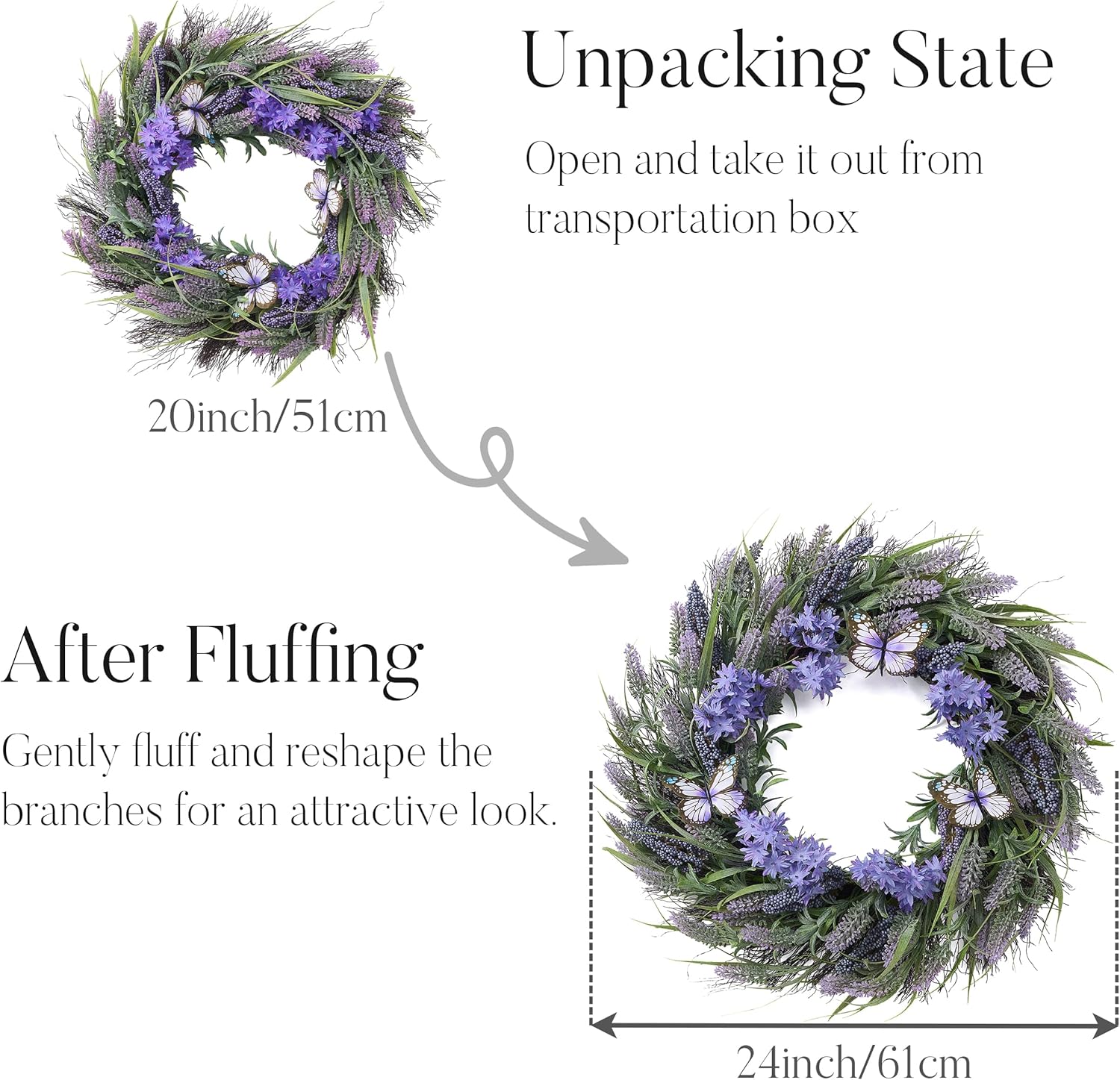 Valery Madelyn 24" round summer lavender wreath with LED lights, purple silk flowers, berries, butterfly accents, perfect for door or wall decor.