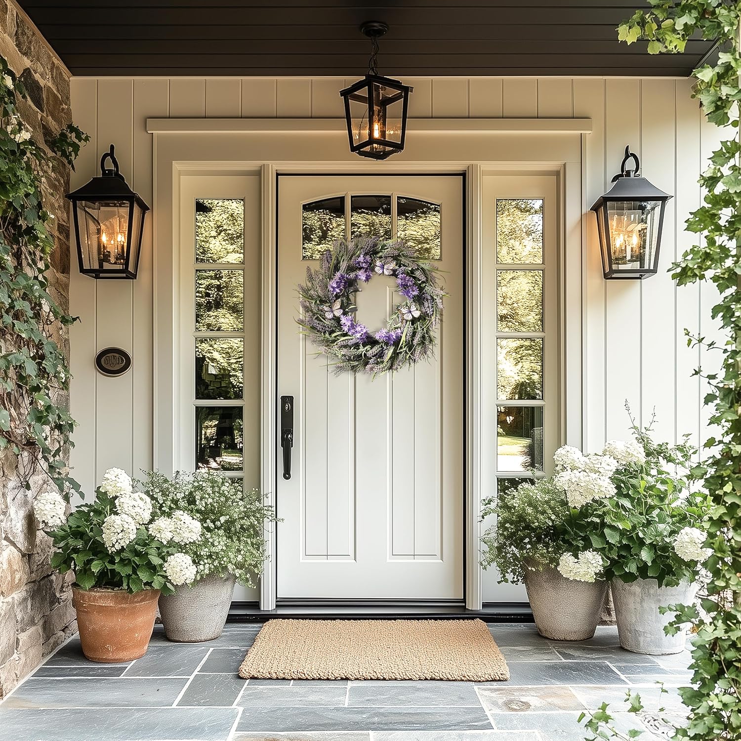 Valery Madelyn 24" round summer lavender wreath with LED lights, purple silk flowers, berries, butterfly accents, perfect for door or wall decor.