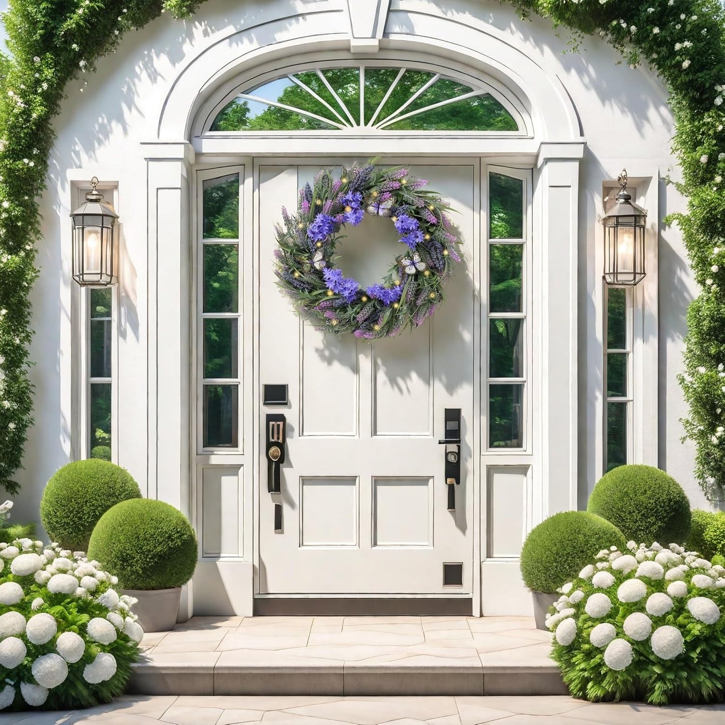 Valery Madelyn 24" round summer lavender wreath with LED lights, purple silk flowers, berries, butterfly accents, perfect for door or wall decor.