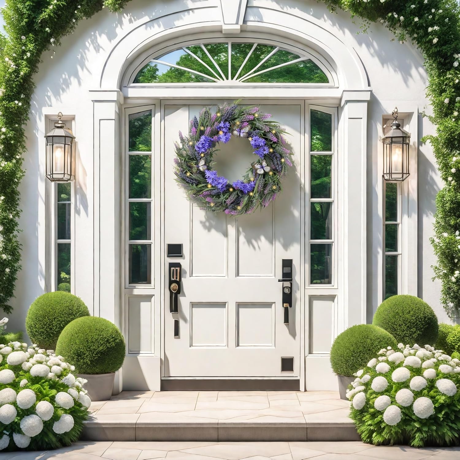 Valery Madelyn 24" round summer lavender wreath with LED lights, purple silk flowers, berries, butterfly accents, perfect for door or wall decor.