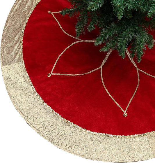 Valery Madelyn Christmas Tree Skirt for Tree Decorations, 48 Inch Fabric Luxury Red Gold Large Xmas Velvet Tree Skirt with Embroidery Flower & Golden Baroque Border Tree Merry Christmas Party Decor