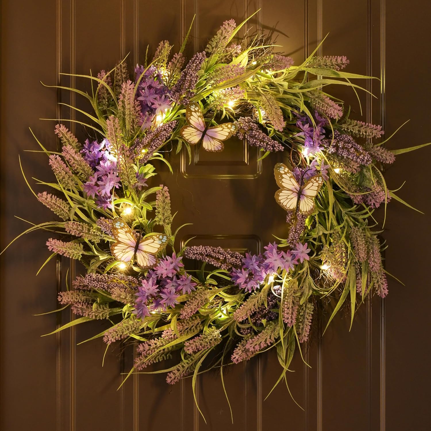 Valery Madelyn 24" round summer lavender wreath with LED lights, purple silk flowers, berries, butterfly accents, perfect for door or wall decor.