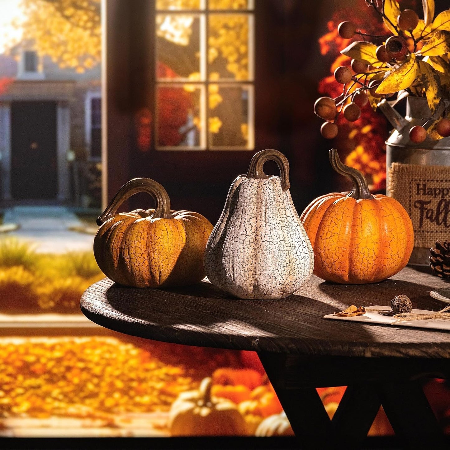 Valery Madelyn Fall Pumpkin Table Decor Cracked Pumpkin Figurine Fall Decoration for Home, 2pcs Resin Autumn Harvest Thanksgiving Halloween Party Tabletop Centerpieces, 6.7 inch